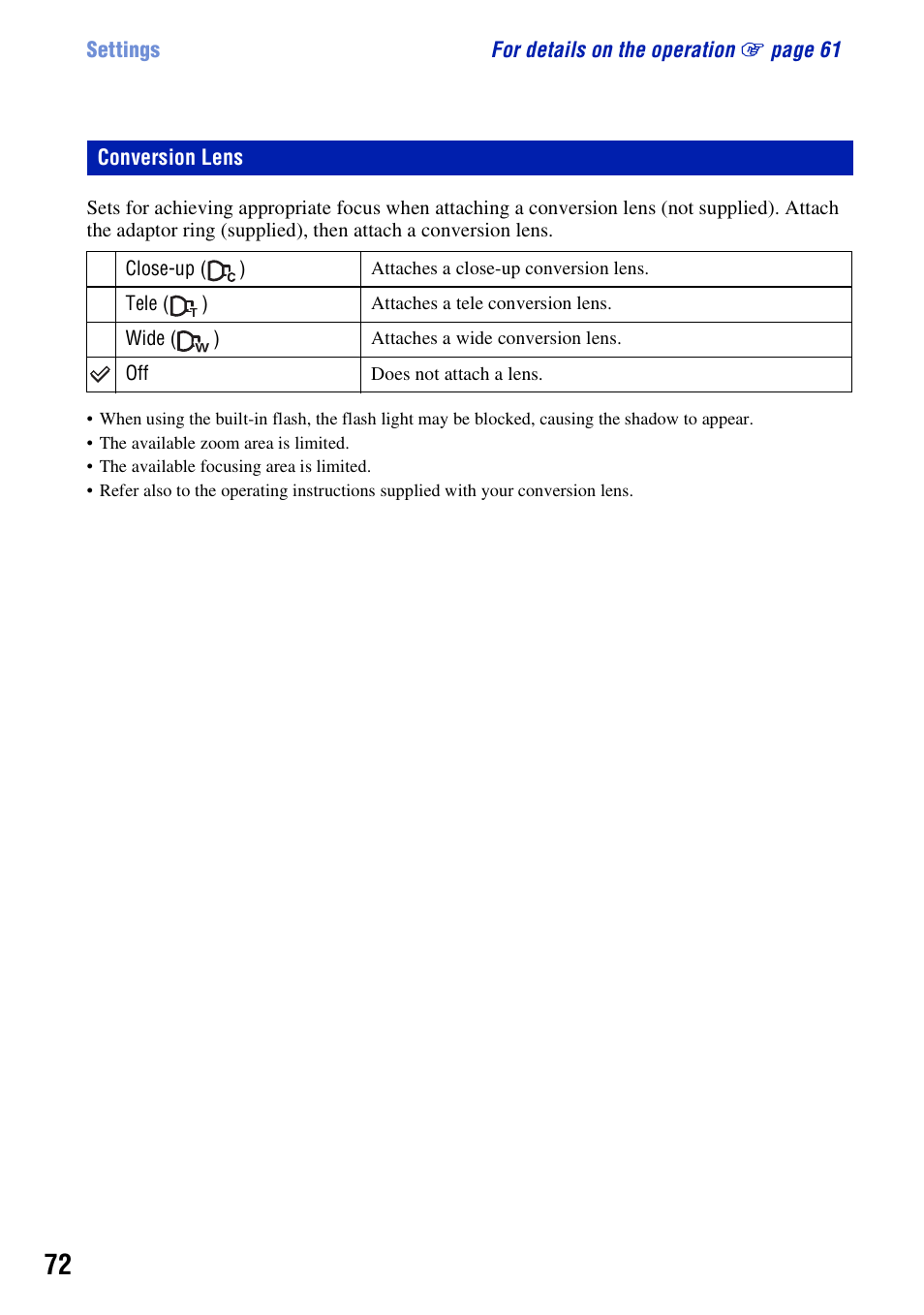 Conversion lens | Sony DSC-H3 User Manual | Page 72 / 123