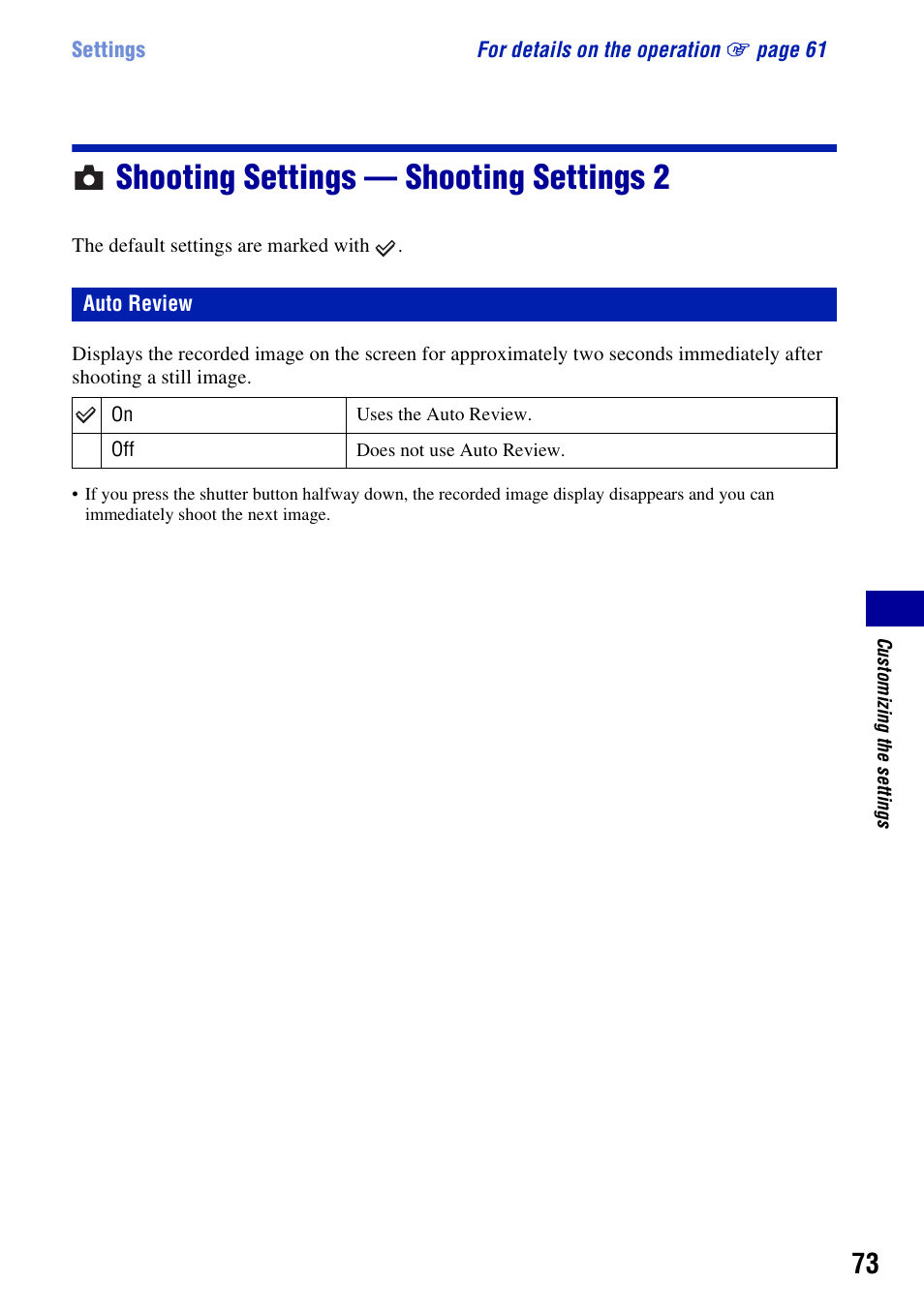 Shooting settings - shooting settings 2, Auto review, Shooting settings — shooting settings 2 | Sony DSC-H3 User Manual | Page 73 / 123