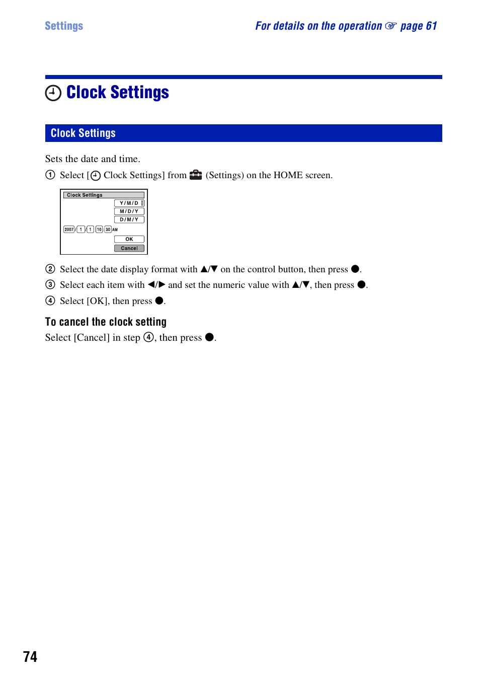 Clock settings | Sony DSC-H3 User Manual | Page 74 / 123