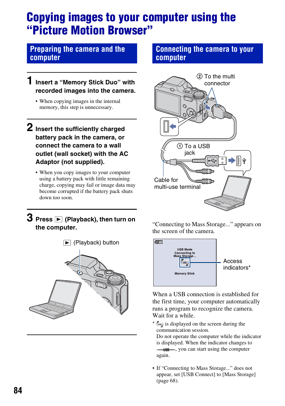 84 a, Preparing the camera and the computer, Connecting the camera to your computer | Sony DSC-H3 User Manual | Page 84 / 123