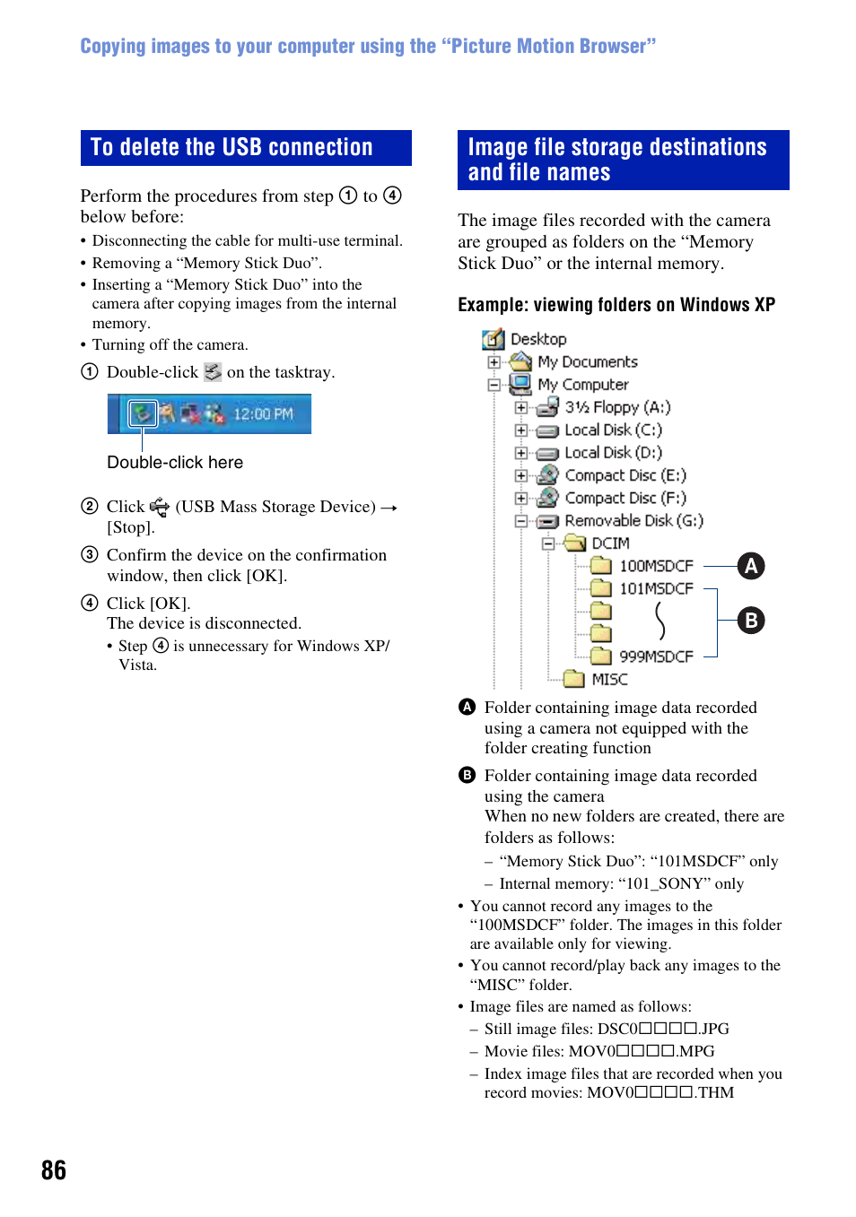 Image file storage destinations and file names | Sony DSC-H3 User Manual | Page 86 / 123