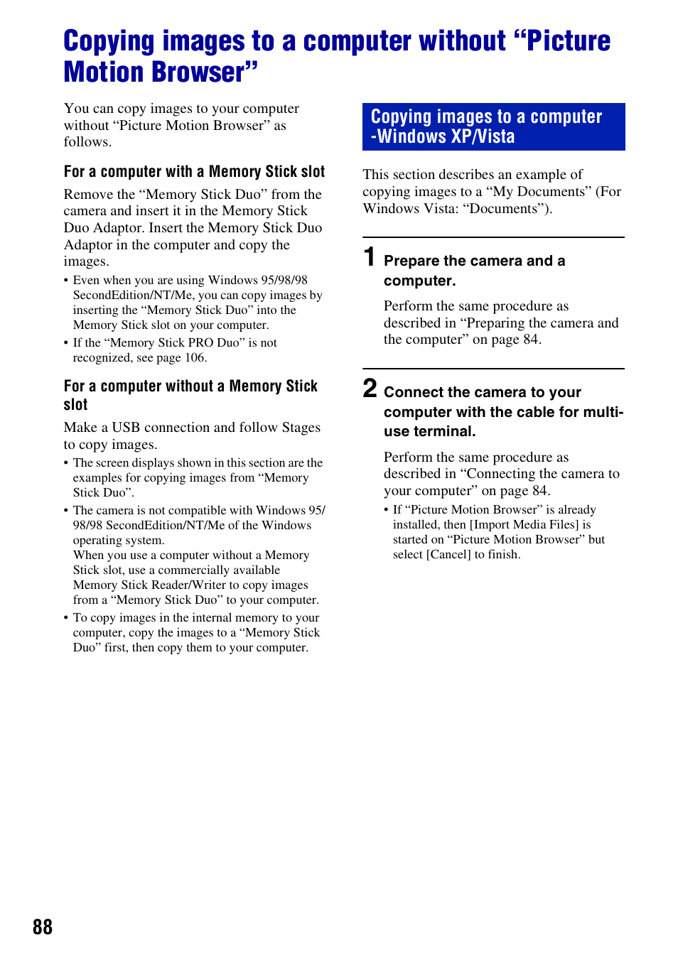 Copying images to a computer -windows xp/vista | Sony DSC-H3 User Manual | Page 88 / 123