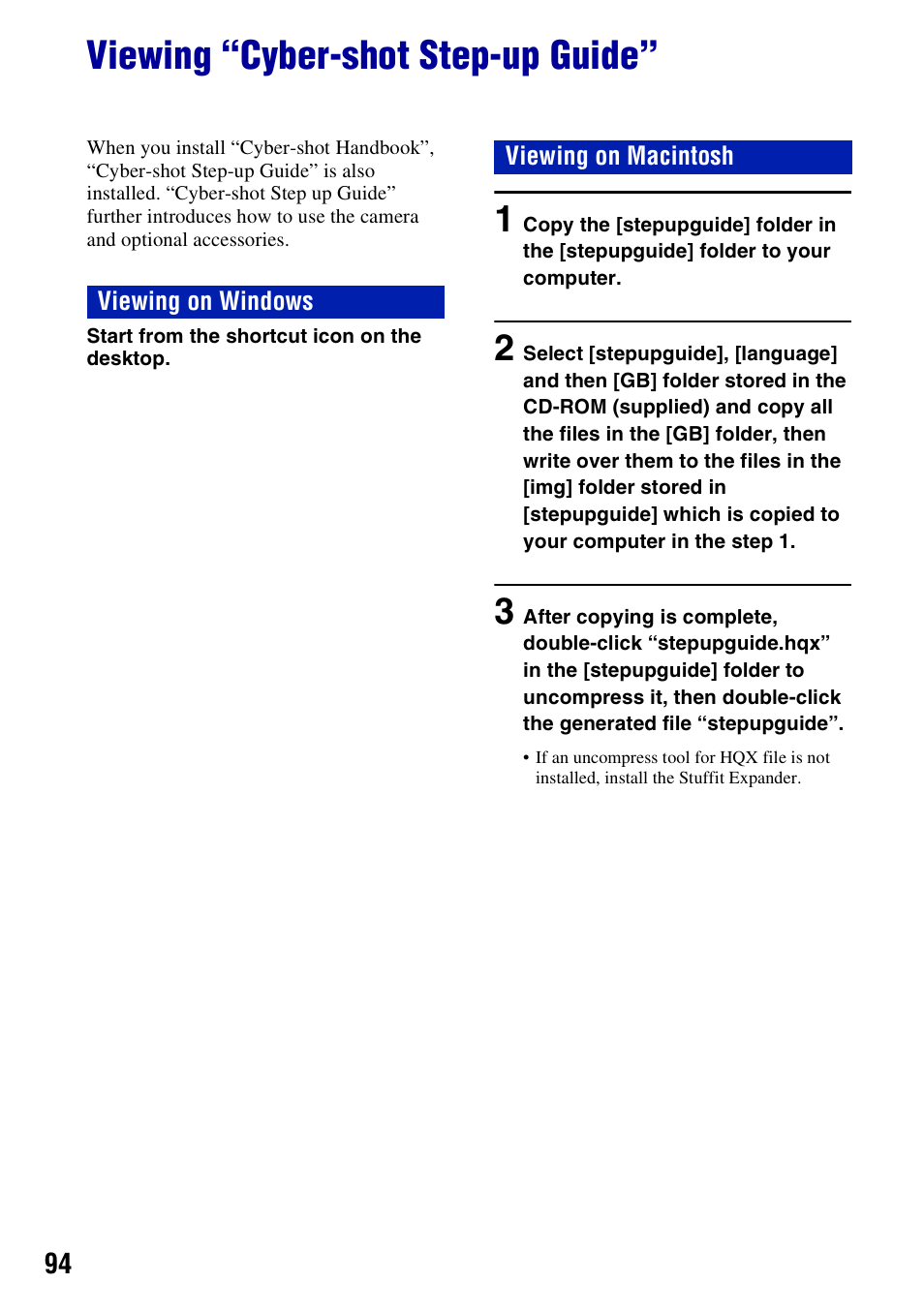 Viewing “cyber-shot step-up guide | Sony DSC-H3 User Manual | Page 94 / 123