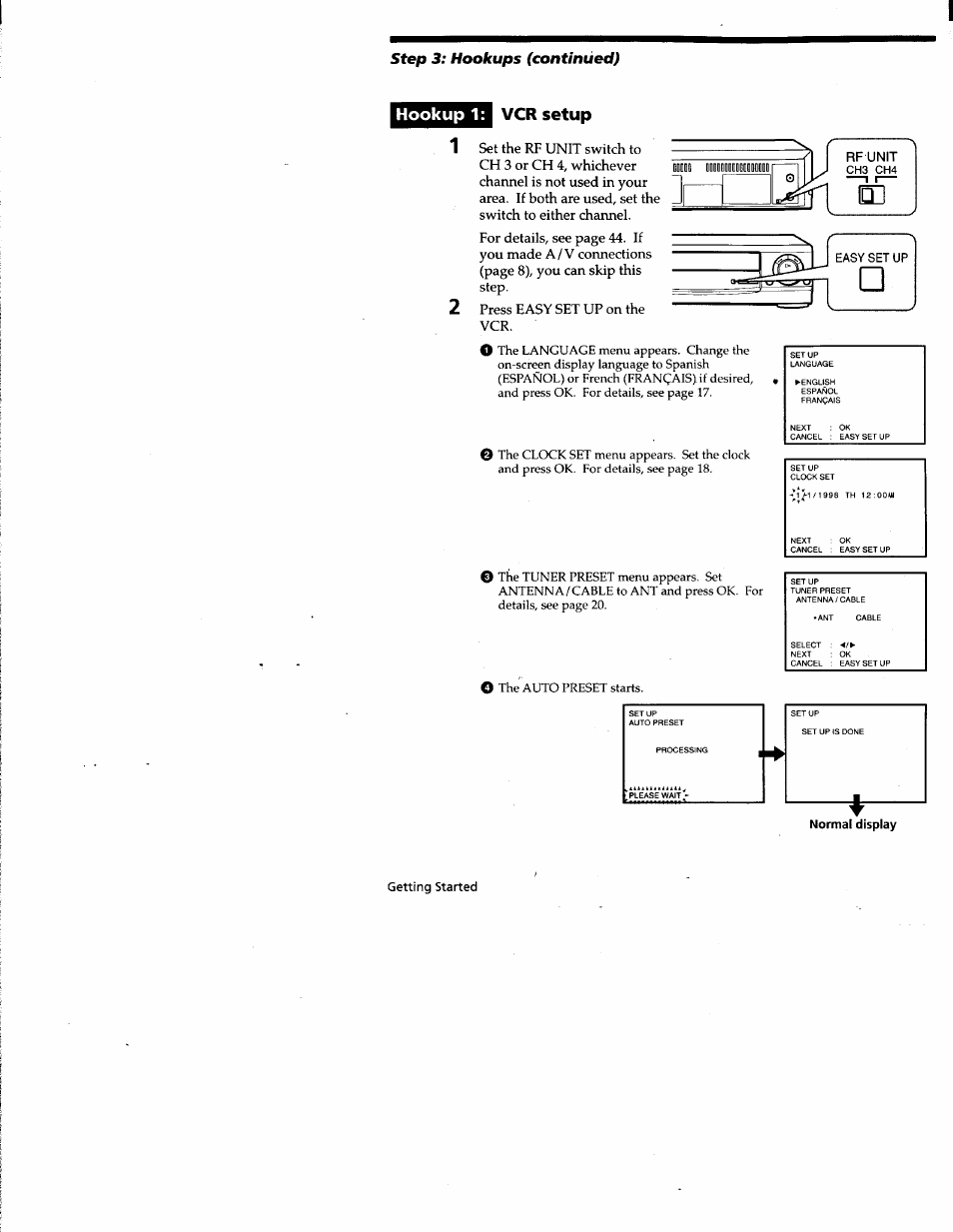 Hookup 1, Vcr setup, Normal display | Hookups (continued), Hookup 1: vcr setup, Step | Sony SLV-677HF User Manual | Page 10 / 53