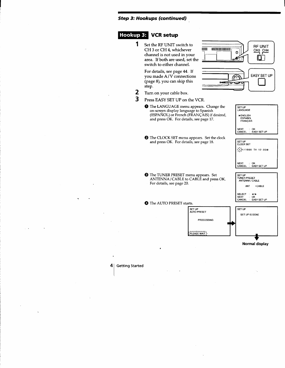 Hookup 3, Vcr setup, Normal display | Step 3: hookups (continued) | Sony SLV-677HF User Manual | Page 14 / 53