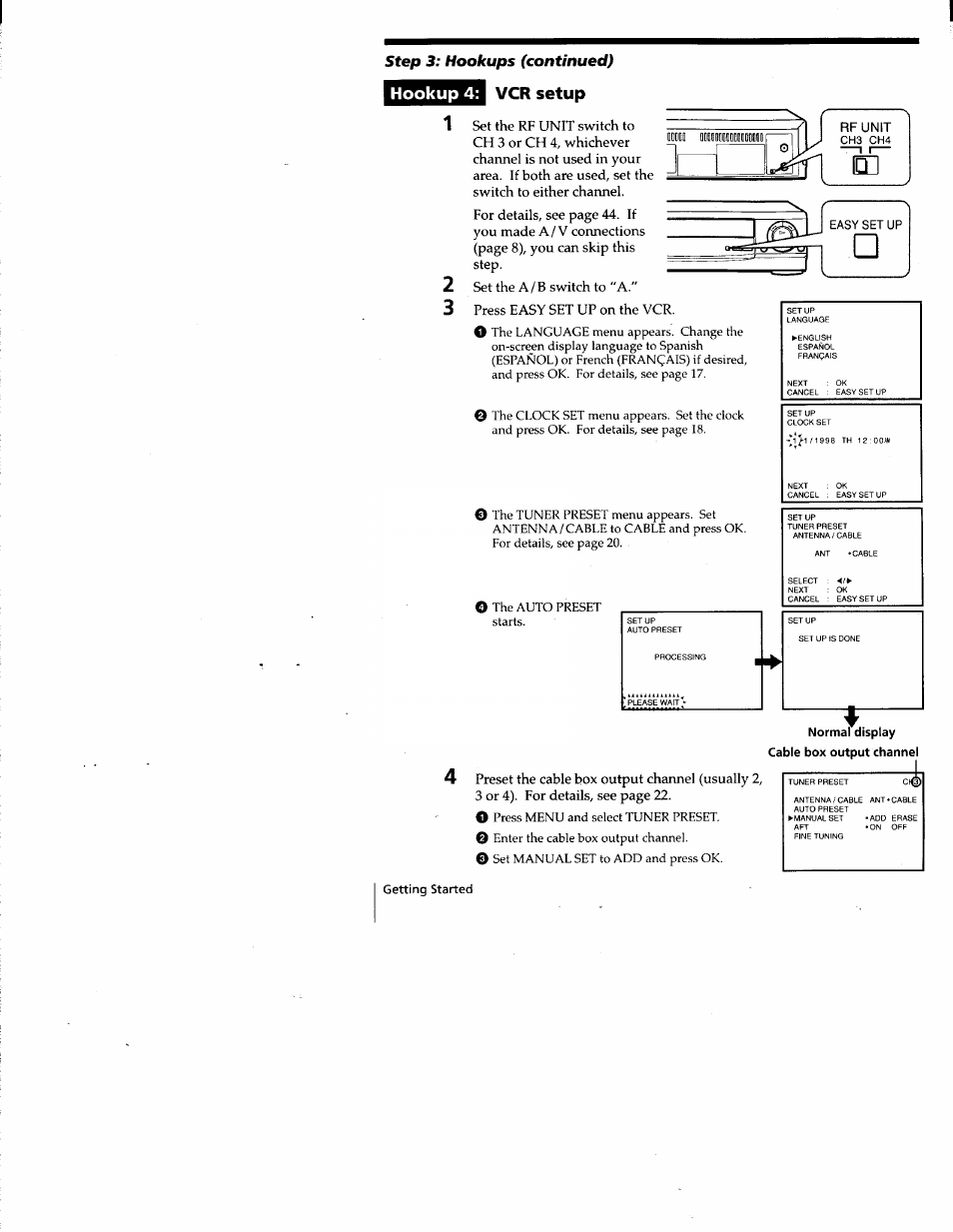 Vcr setup, Hookup 4, Normal display cable box output channel | Step 3: hookups (continued) | Sony SLV-677HF User Manual | Page 16 / 53