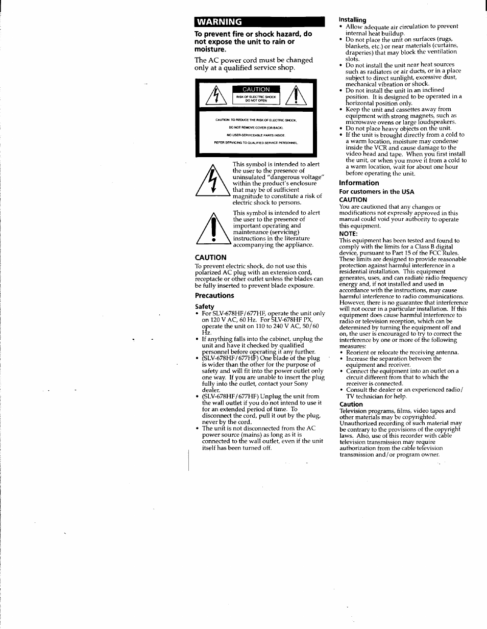 Warning, Caution, Precautions | Information, Note | Sony SLV-677HF User Manual | Page 2 / 53
