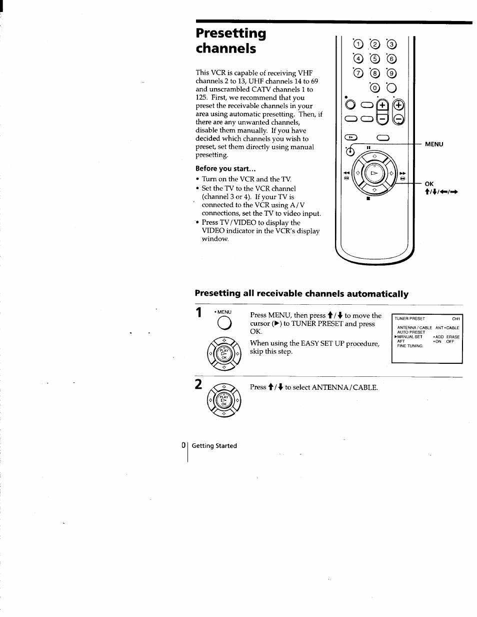 Presetting, Channels, Before you start | Presetting all receivable channels automatically, Presetting channels | Sony SLV-677HF User Manual | Page 20 / 53