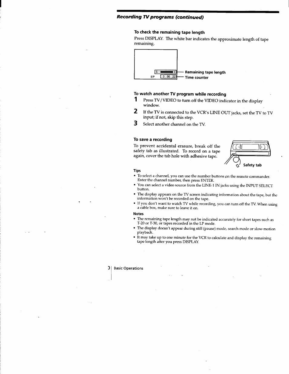 To check the remaining tape length, Remaining tape length time counter, To save a recording | Tips, Notes, Recording tv programs (continued) | Sony SLV-677HF User Manual | Page 30 / 53