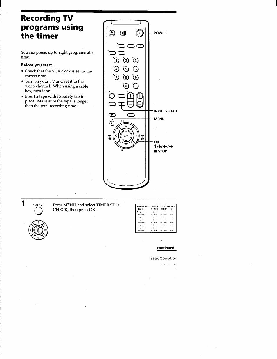 Recording tv programs using the timer, Before you start, Continued | Sony SLV-677HF User Manual | Page 31 / 53