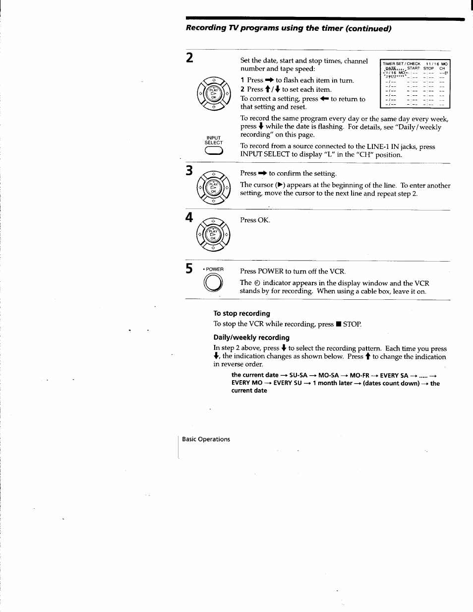 To stop recording, Daily/weekly recording, Recording tv programs using the timer (continued) | Sony SLV-677HF User Manual | Page 32 / 53