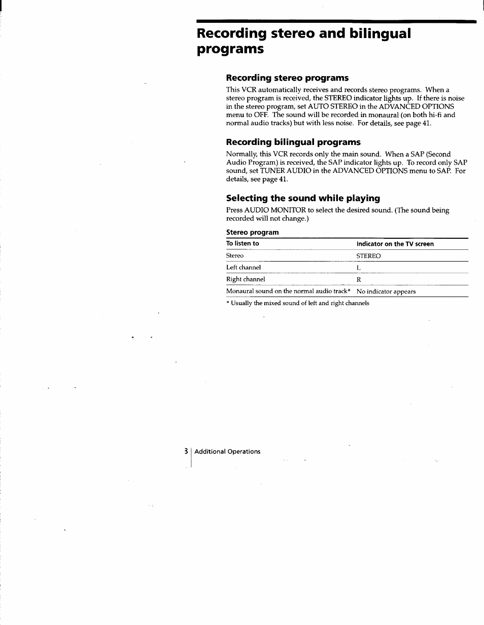 Recording stereo and bilingual programs, Recording stereo programs, Recording bilingual programs | Selecting the sound while playing | Sony SLV-677HF User Manual | Page 38 / 53