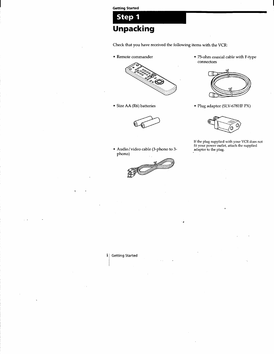 Getting started, Unpacking, Step 1 | Sony SLV-677HF User Manual | Page 4 / 53