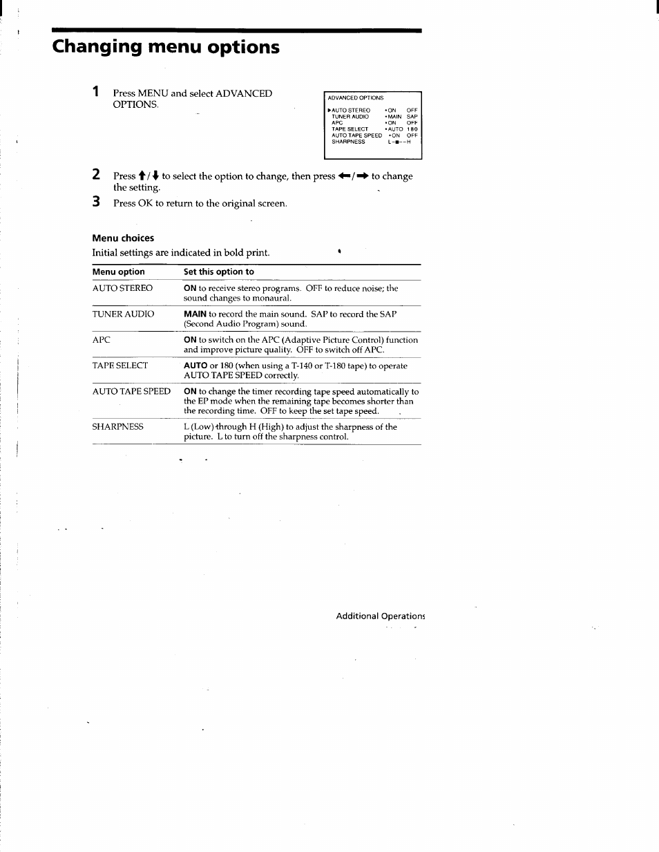 Changing menu options, Menu choices | Sony SLV-677HF User Manual | Page 41 / 53