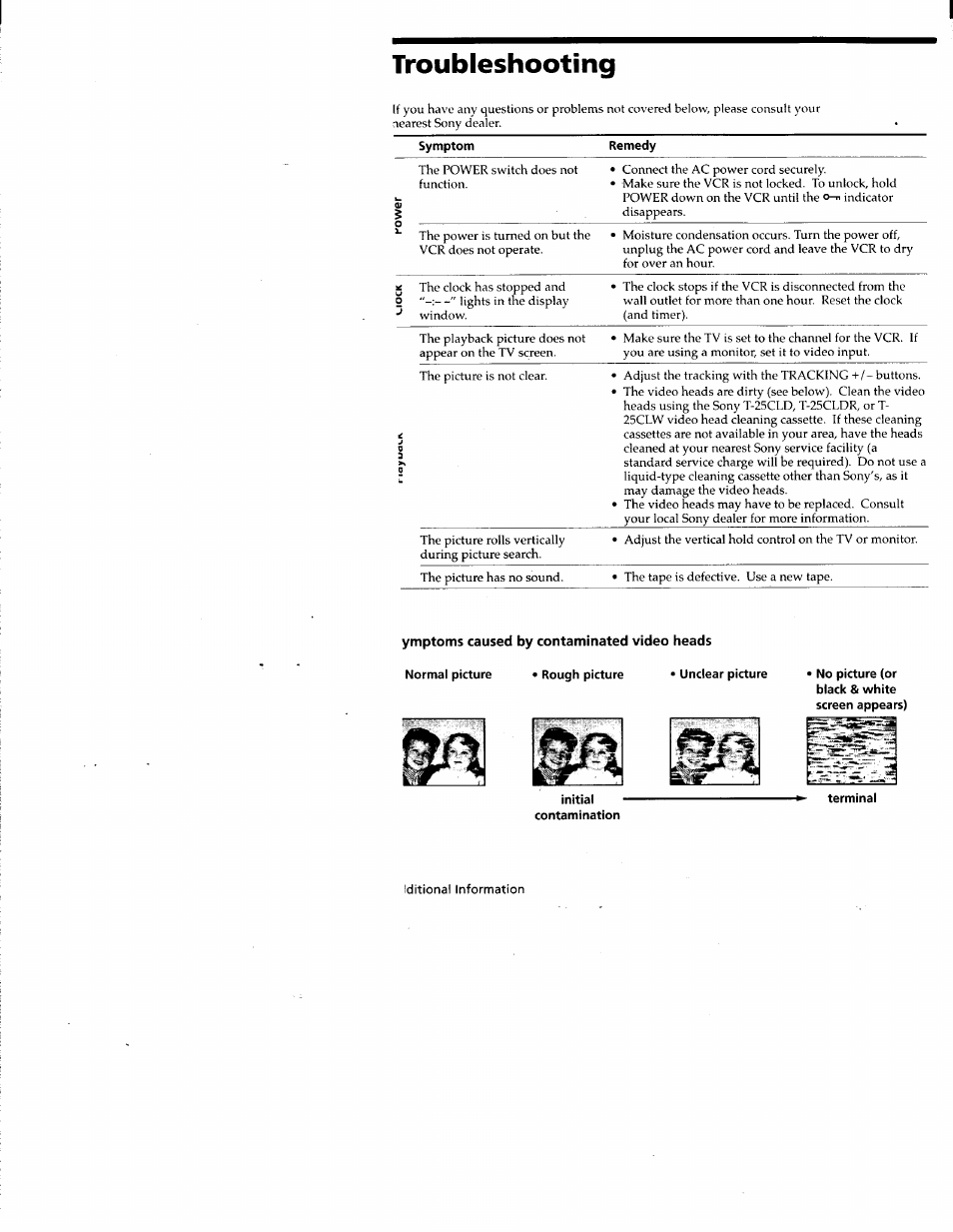 Troubleshooting, Ymptoms caused by contaminated video heads | Sony SLV-677HF User Manual | Page 46 / 53