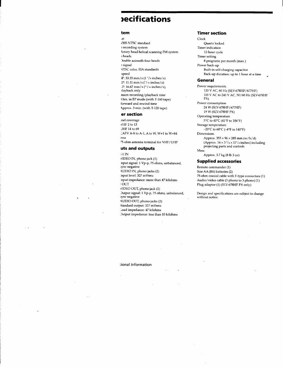 Ecifications, Tern, Er section | Uts and outputs, Timer section, General, Supplied accessories | Sony SLV-677HF User Manual | Page 48 / 53