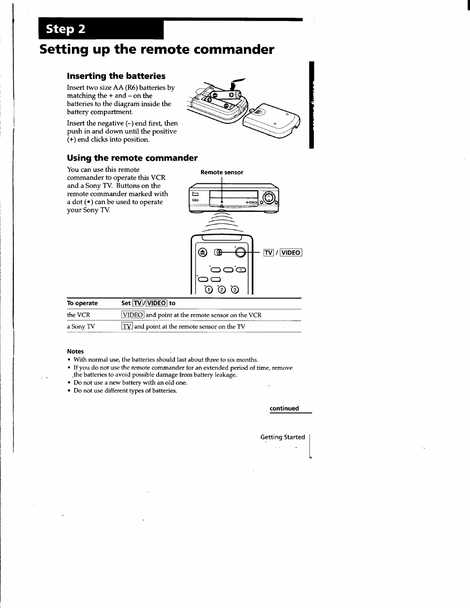 Setting up the remote commander, Inserting the batteries, Using the remote commander | 0 ofi, Continued, Step 2 | Sony SLV-677HF User Manual | Page 5 / 53