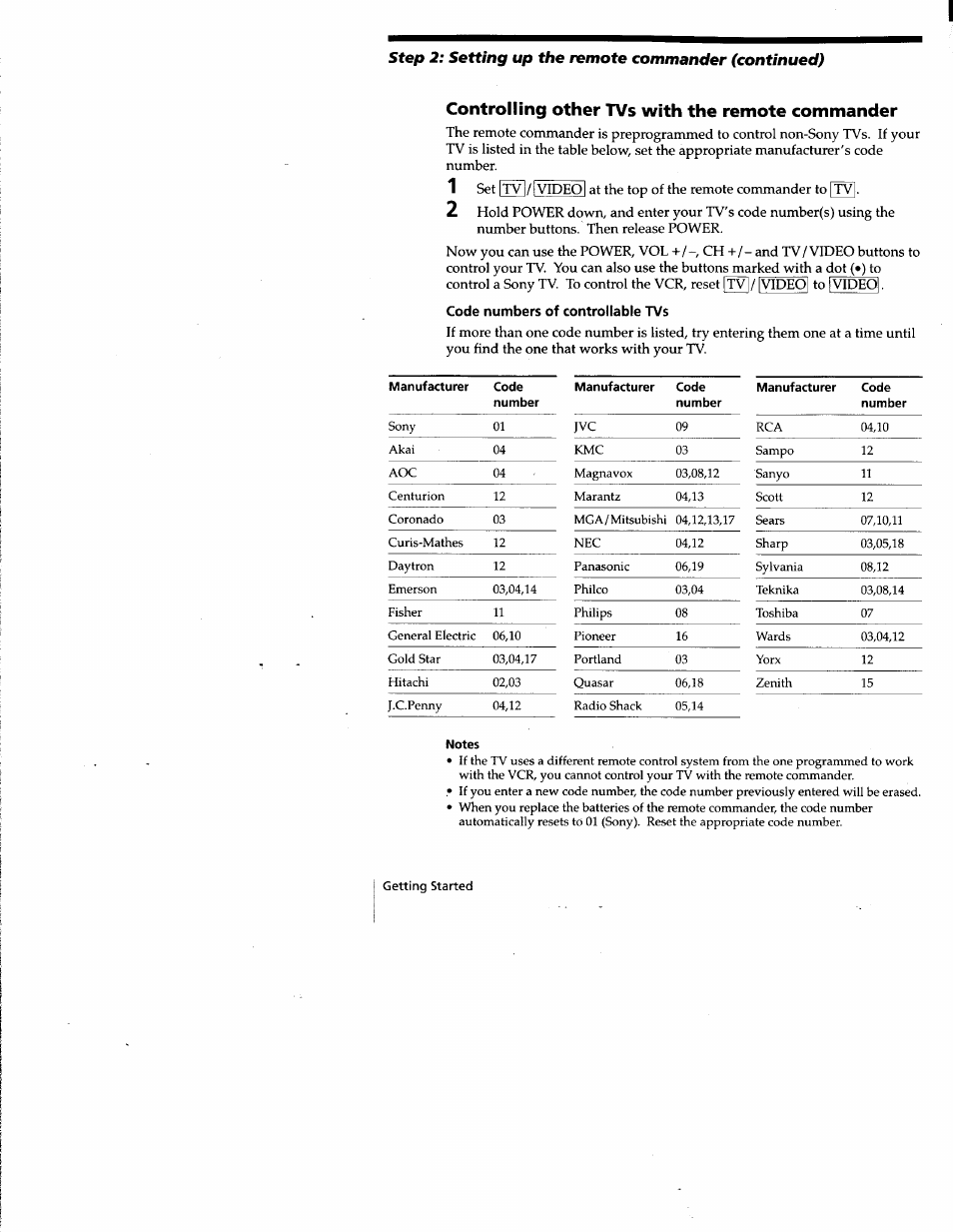 Controlling other tvs with the remote commander, Code numbers of controllable tvs, Notes | Sony SLV-677HF User Manual | Page 6 / 53