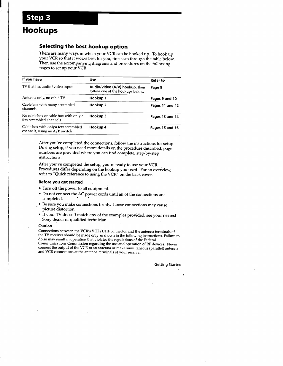 Hookups, Selecting the best hookup option, Caution | Step 3 | Sony SLV-677HF User Manual | Page 7 / 53