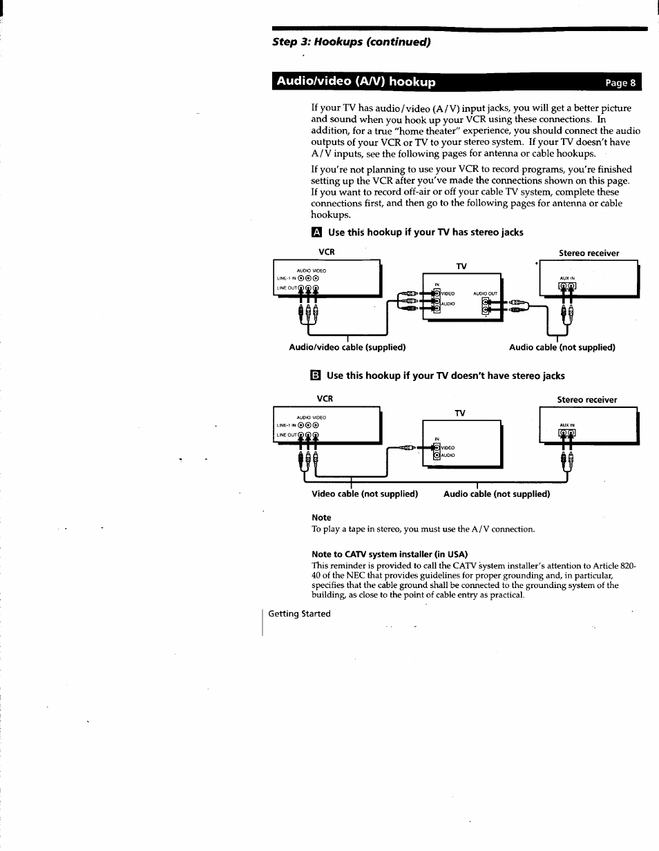 Note to catv system installer (in usa), Audio/video (a/v) hookup | Sony SLV-677HF User Manual | Page 8 / 53