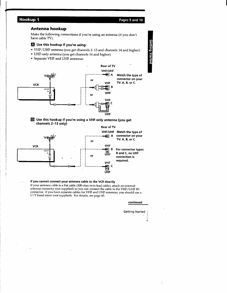 Hookup 1, Antenna hookup, Use this hookup if you're using | Uhf or, Rear of tv vhf/uhf, Tv: a, b, or c, Hfo] b for connector types b and c, no uhf, Connection is required, Continued | Sony SLV-677HF User Manual | Page 9 / 53