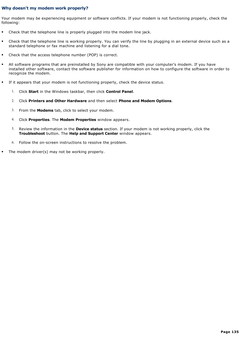 Why doesn't my modem work properly | Sony PCV-RS710GX User Manual | Page 135 / 180