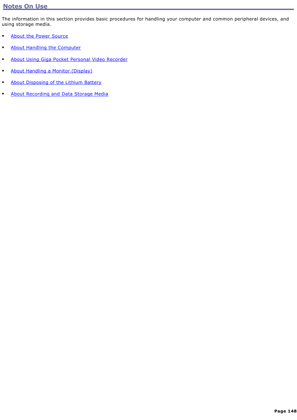 Notes on use | Sony PCV-RS710GX User Manual | Page 148 / 180