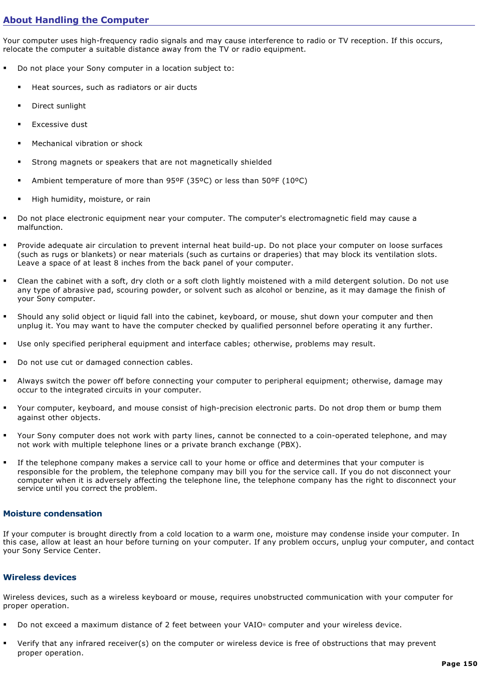 About handling the computer | Sony PCV-RS710GX User Manual | Page 150 / 180