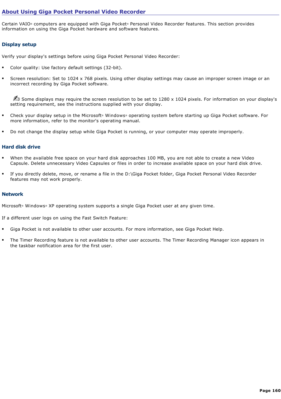 Display setup, About using giga pocket personal video recorder | Sony PCV-RS710GX User Manual | Page 160 / 180