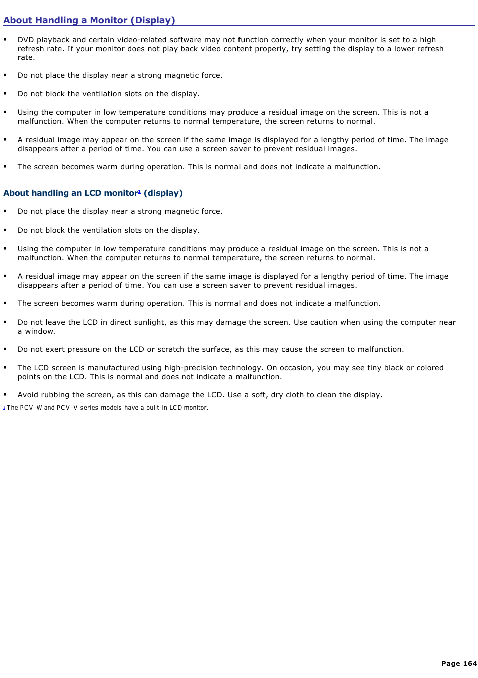 About handling an lcd monitor (display) | Sony PCV-RS710GX User Manual | Page 164 / 180