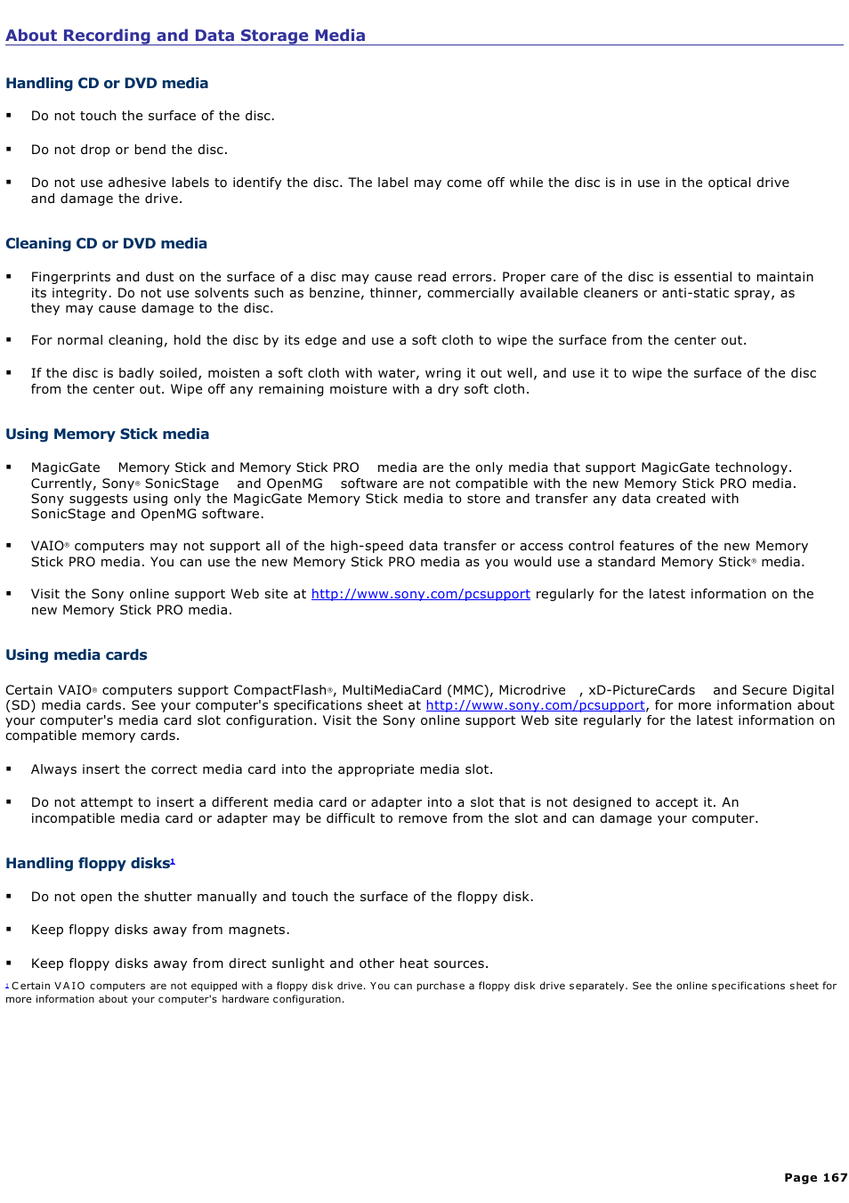 Handling cd or dvd media | Sony PCV-RS710GX User Manual | Page 167 / 180