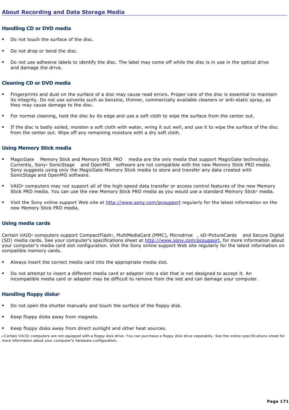 Handling floppy disks | Sony PCV-RS710GX User Manual | Page 171 / 180