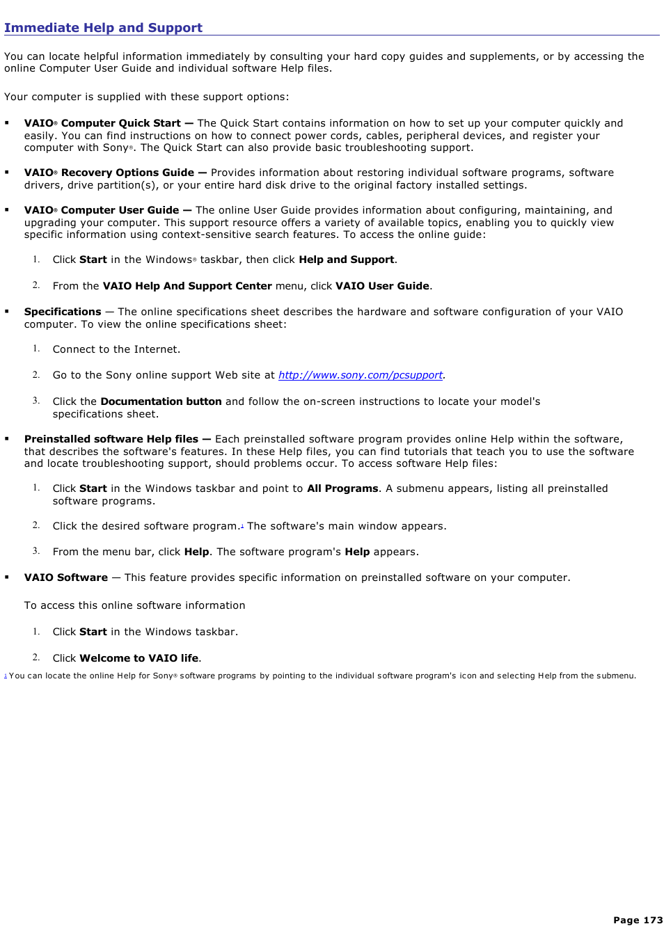 Immediate help and support | Sony PCV-RS710GX User Manual | Page 173 / 180