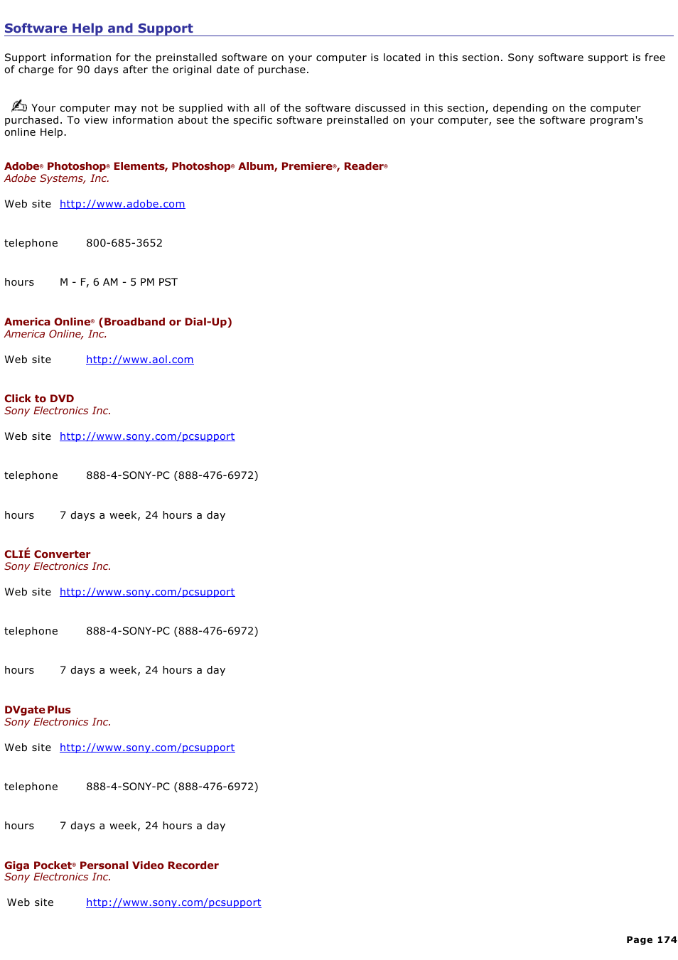 Software help and support | Sony PCV-RS710GX User Manual | Page 174 / 180