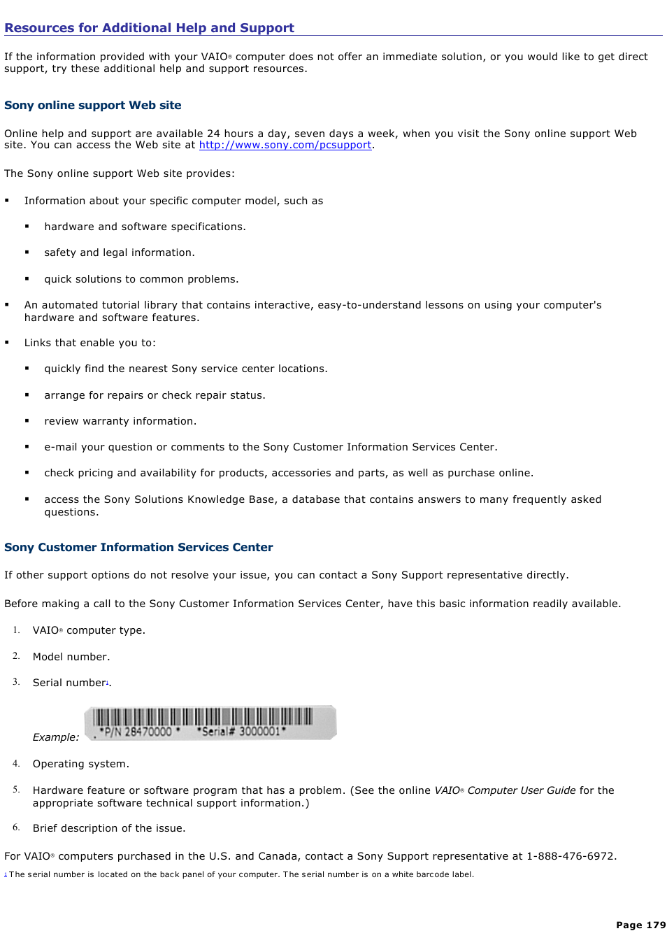 Sony online support web site | Sony PCV-RS710GX User Manual | Page 179 / 180