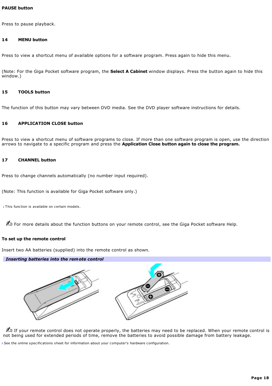 Sony PCV-RS710GX User Manual | Page 18 / 180