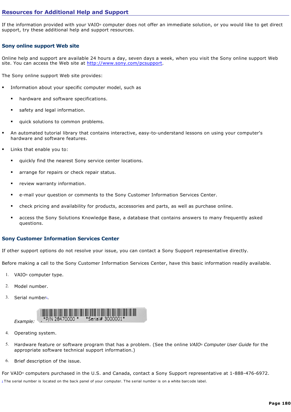 Sony customer information services center | Sony PCV-RS710GX User Manual | Page 180 / 180