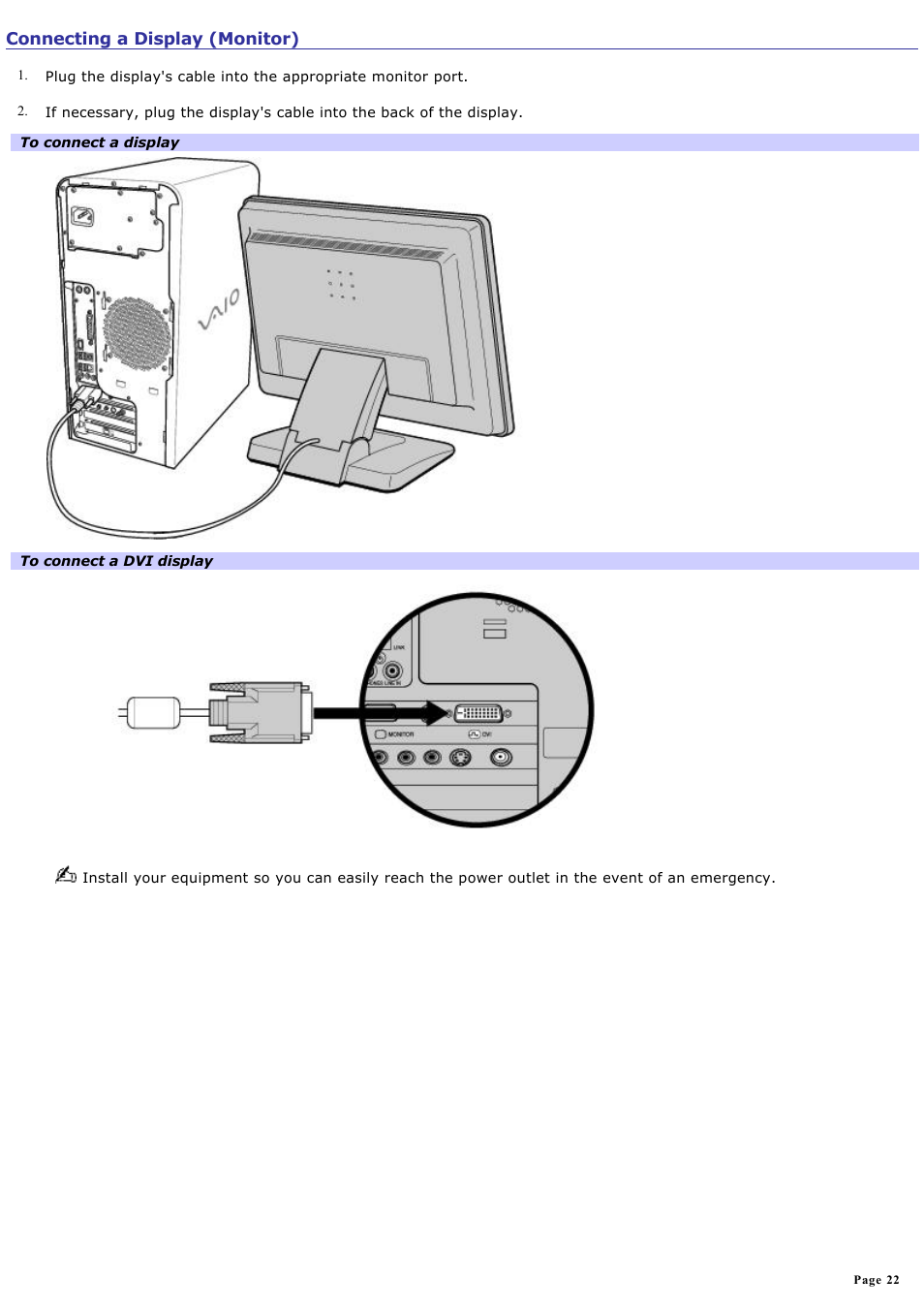 Connecting a display (monitor) | Sony PCV-RS710GX User Manual | Page 22 / 180