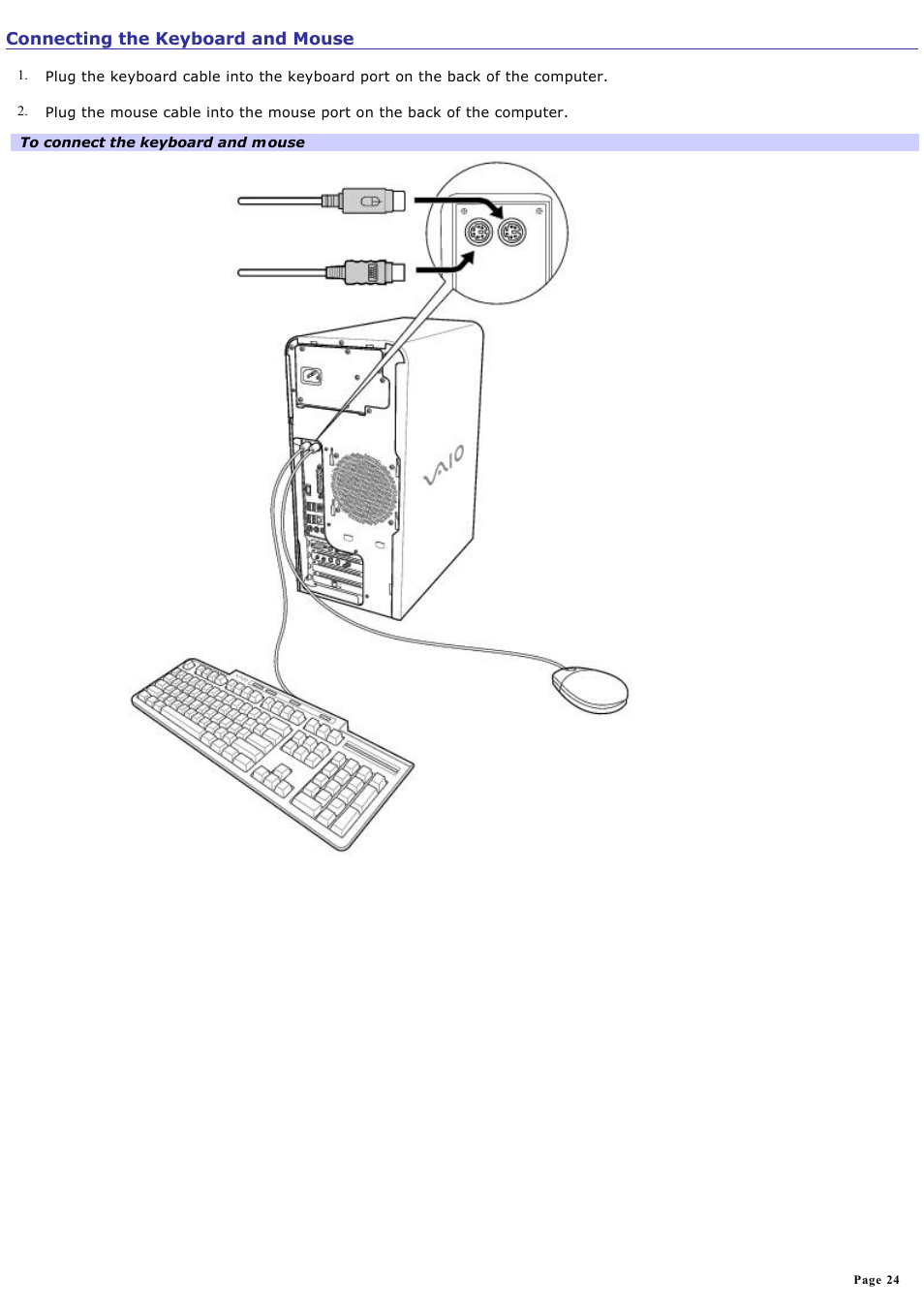 Connecting the keyboard and mouse | Sony PCV-RS710GX User Manual | Page 24 / 180