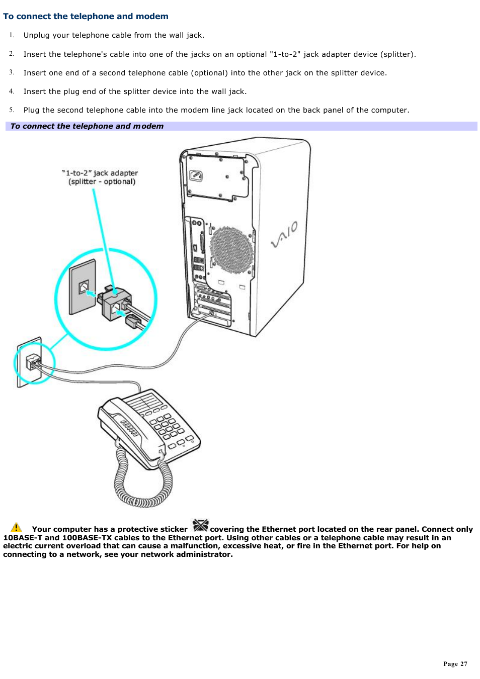 To connect the telephone and modem | Sony PCV-RS710GX User Manual | Page 27 / 180