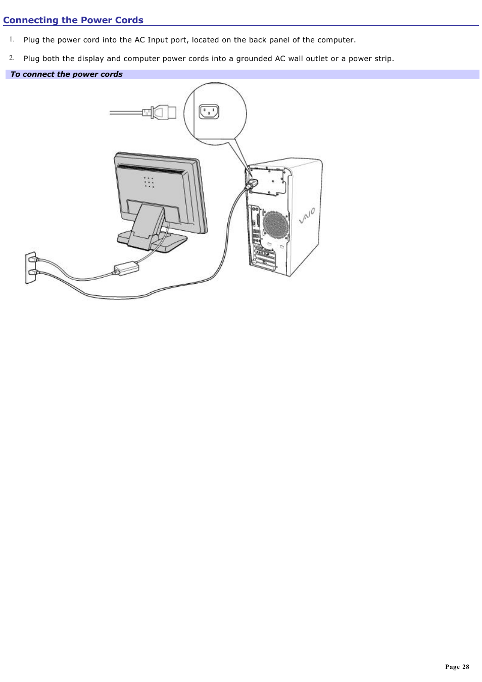 Connecting the power cords | Sony PCV-RS710GX User Manual | Page 28 / 180