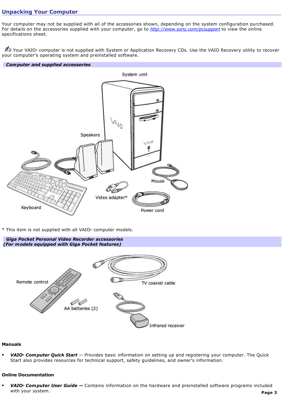 Unpacking your computer | Sony PCV-RS710GX User Manual | Page 3 / 180