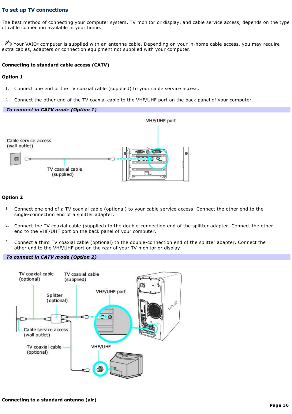 To set up tv connections | Sony PCV-RS710GX User Manual | Page 36 / 180