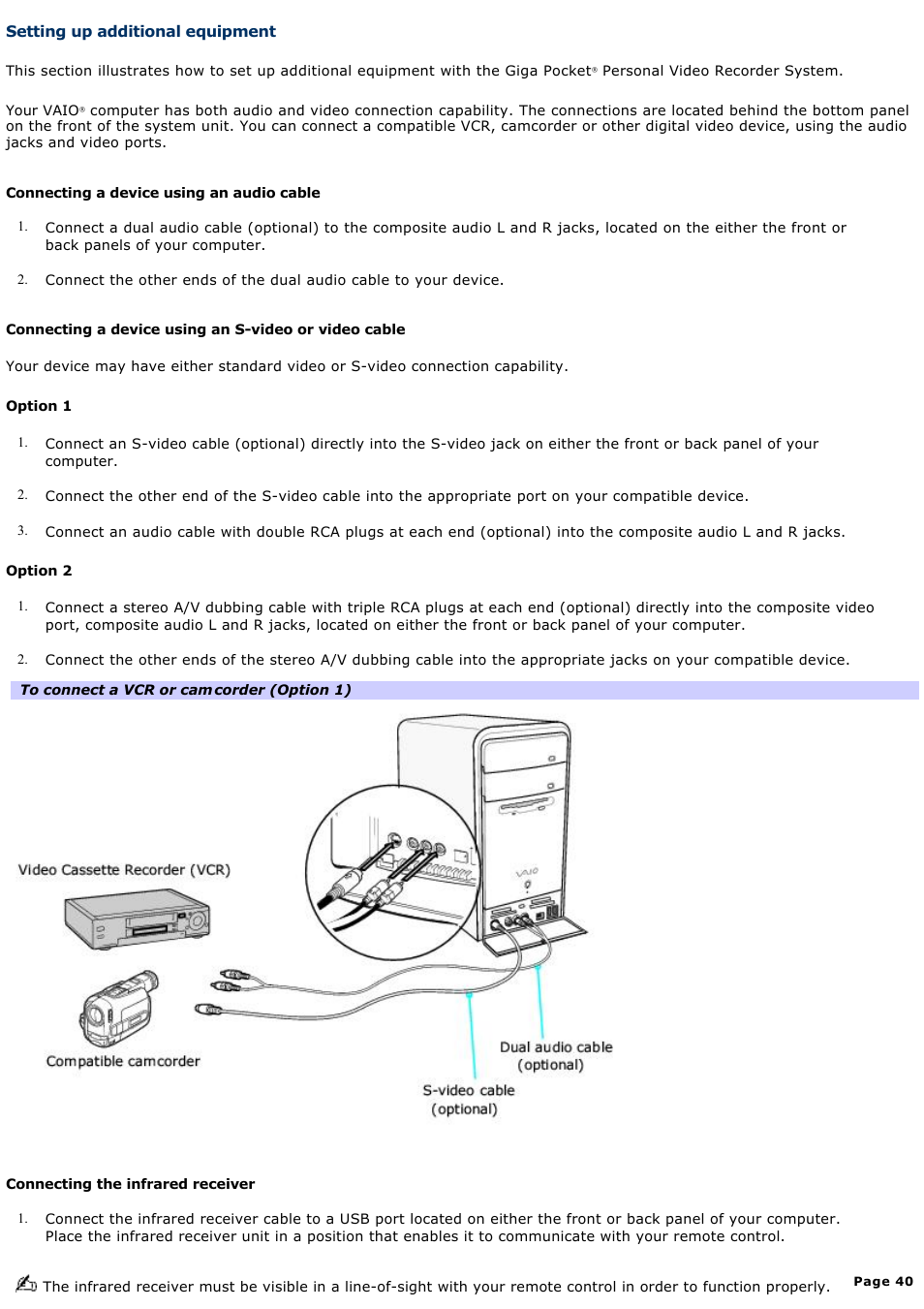 Setting up additional equipment | Sony PCV-RS710GX User Manual | Page 40 / 180