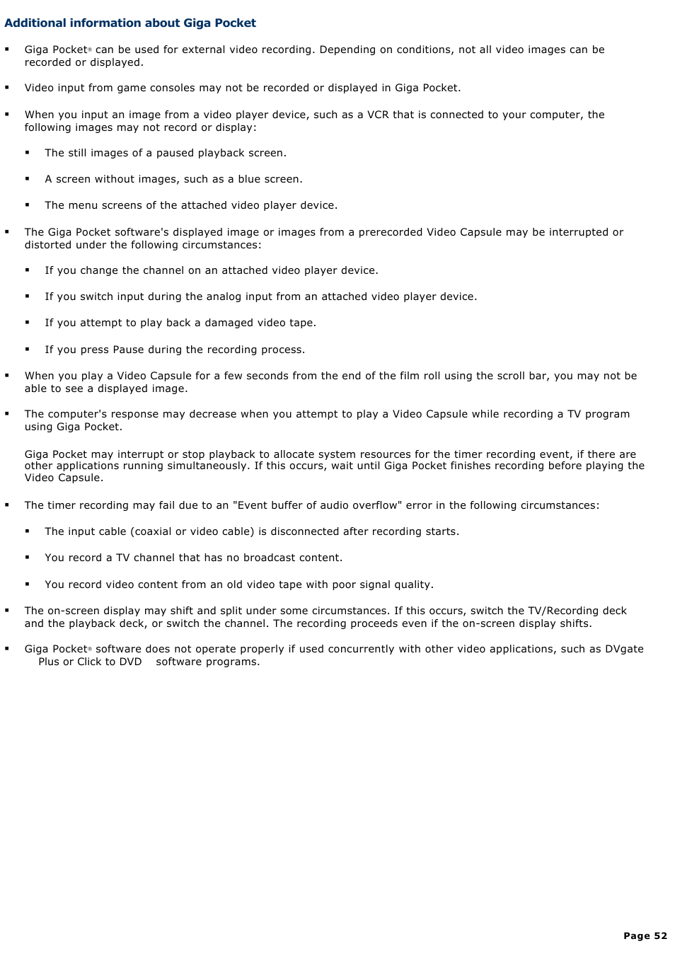 Additional information about giga pocket | Sony PCV-RS710GX User Manual | Page 52 / 180