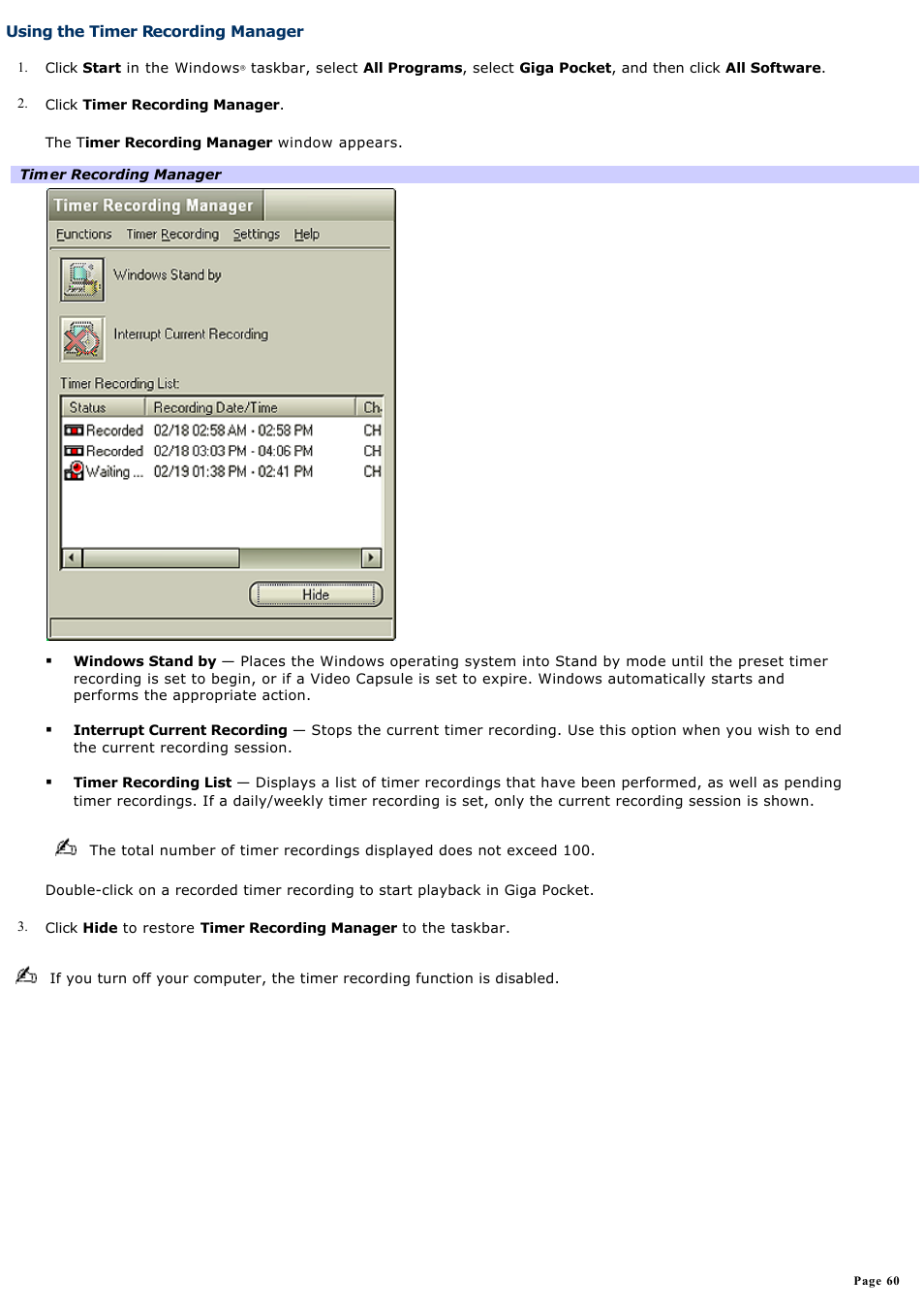 Using the timer recording manager | Sony PCV-RS710GX User Manual | Page 60 / 180