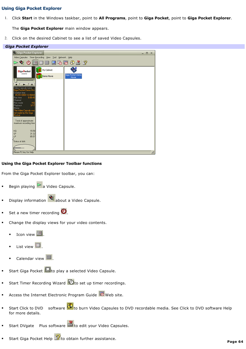Using giga pocket explorer | Sony PCV-RS710GX User Manual | Page 64 / 180