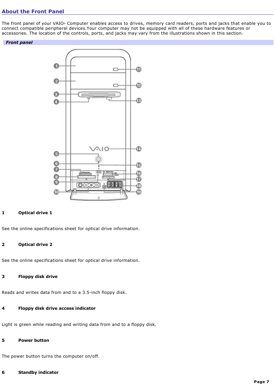 About the front panel | Sony PCV-RS710GX User Manual | Page 7 / 180