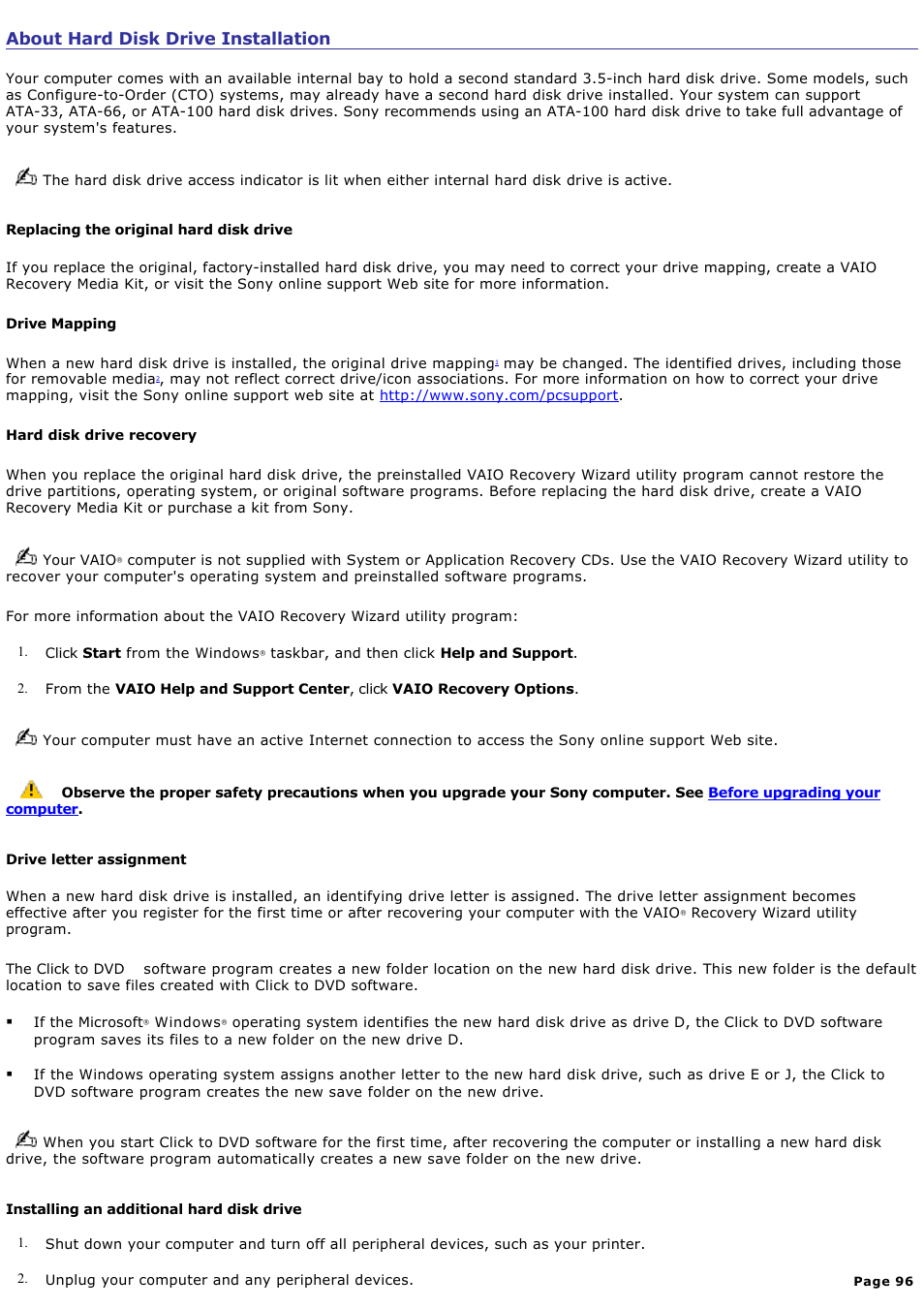 About hard disk drive installation | Sony PCV-RS710GX User Manual | Page 96 / 180