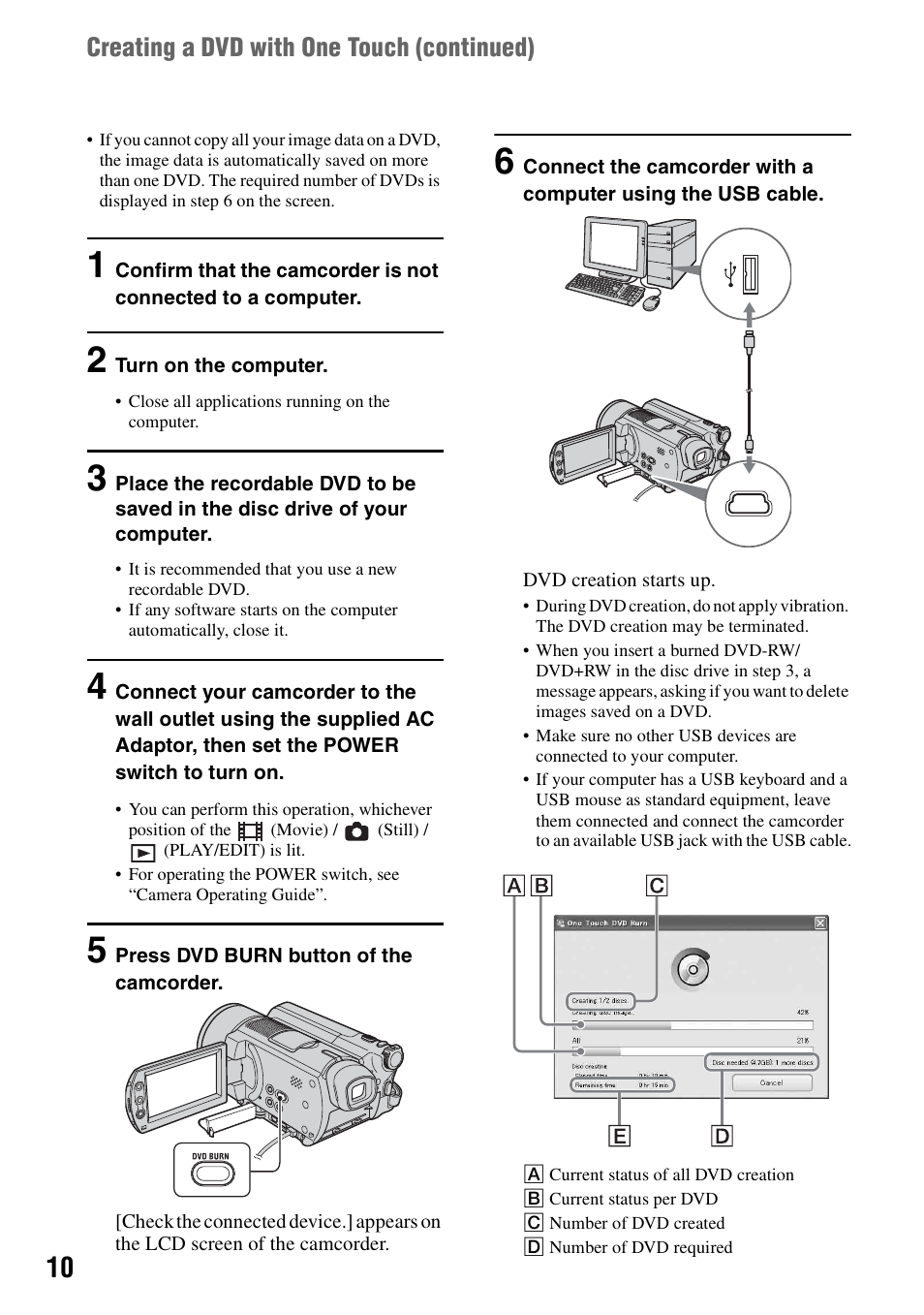 Creating a dvd with one touch (continued) | Sony DCR-SR100 User Manual | Page 10 / 27